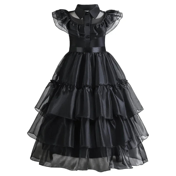 Halloween's Black Layered Cake Gown with Mesh Details for Girls