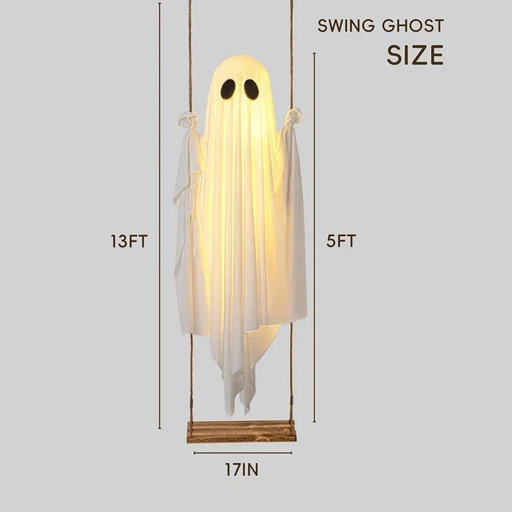 Halloween's Outdoor Ghost Swing with Lights and Wooden Seat Decor