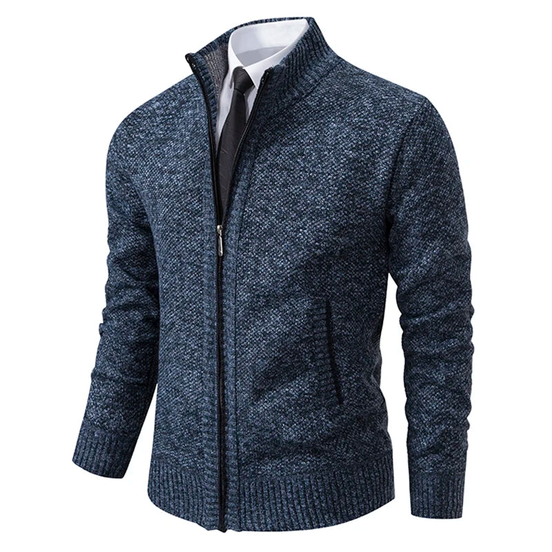 Men's Casual Sports Coat - Solid Color Stand Collar Fleece Cardigan