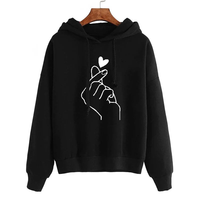 Women's Solid Color Fleece Hoodie with Finger Heart Design and Pockets