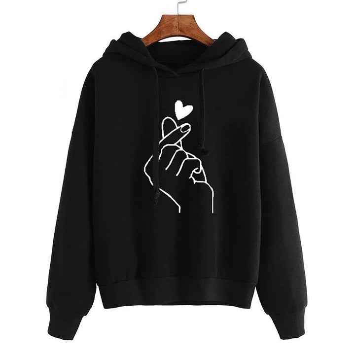 Women's Solid Color Fleece Hoodie with Finger Heart Design and Pockets