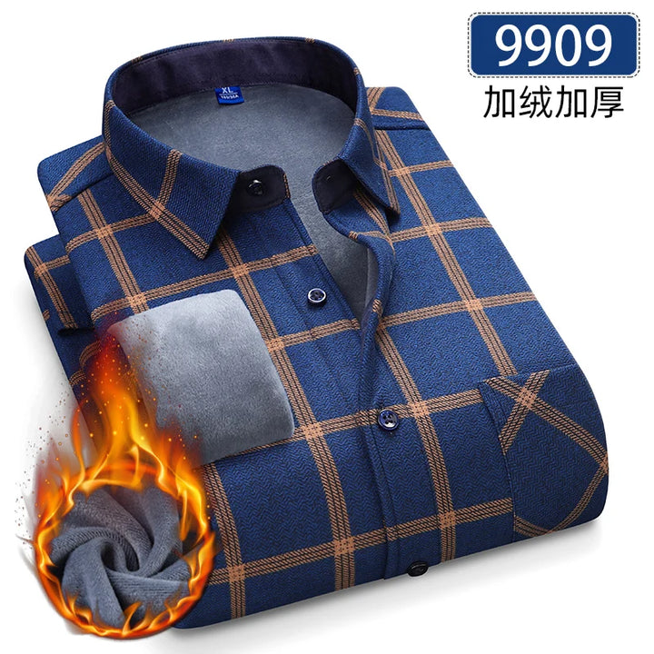 Men's Thick Fleece Long Sleeve Plaid Shirt for Autumn Winter Wear