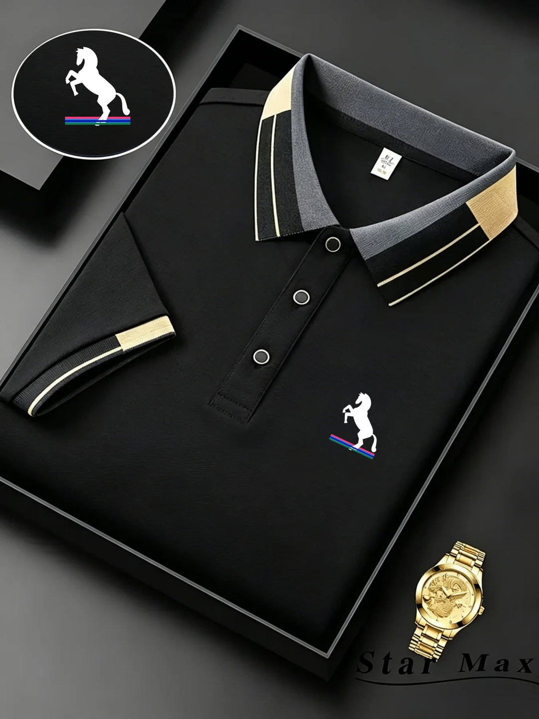 Men's Short-Sleeved Polo Shirt with Horse Embroidery, Summer Casual Wear