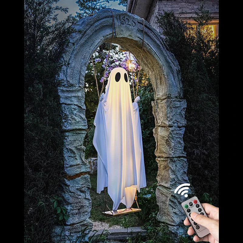 Halloween's Outdoor Ghost Swing with Lights and Wooden Seat Decor