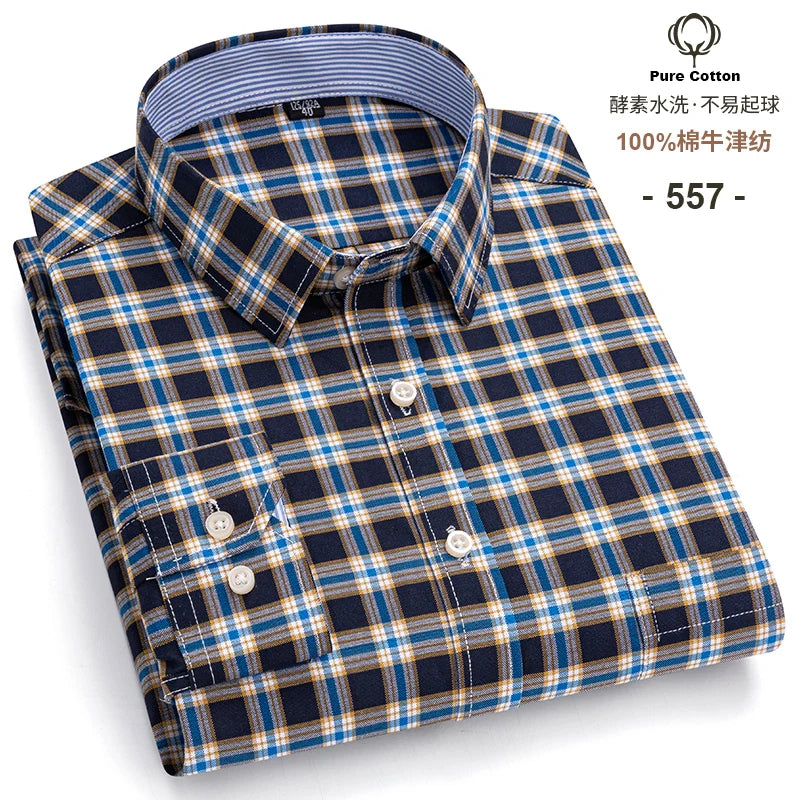 Men's Long Sleeve Cotton Oxford Plaid Button Down Casual Shirt S-7XL