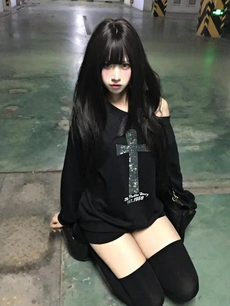 Women's Graphic One-Shoulder Long Sleeve Black Hoodie Top