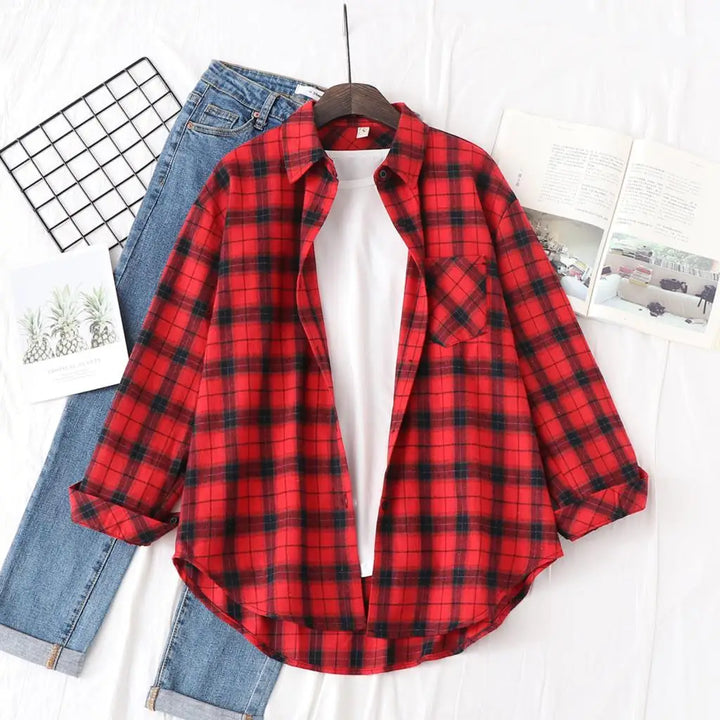 Women's Casual Cotton Long Sleeve Flannel Plaid Shirt for Women