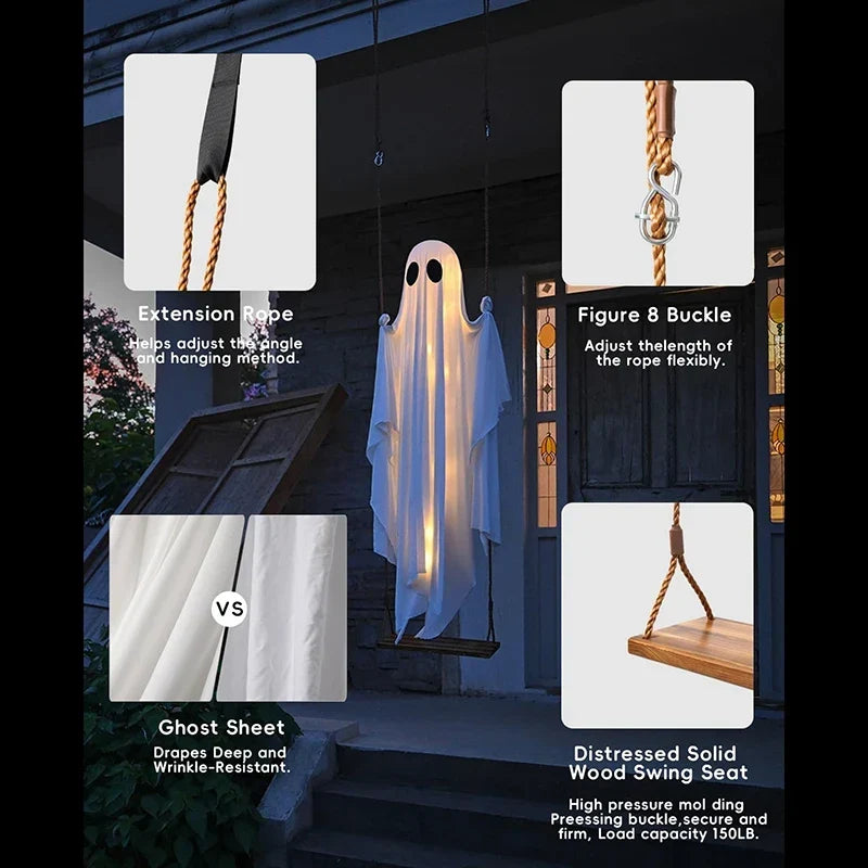 Halloween's Outdoor Ghost Swing with Lights and Wooden Seat Decor
