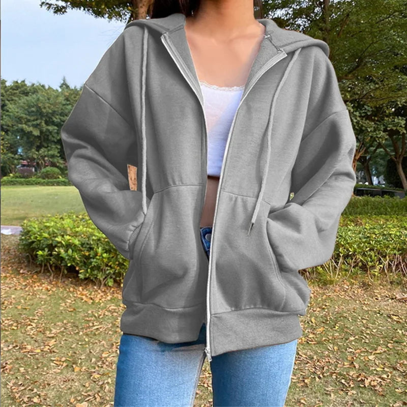 Women's Solid Color Fleece Hoodie with Pockets and Zipper