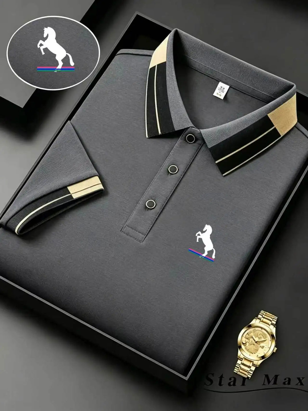 Men's Short-Sleeved Polo Shirt with Horse Embroidery, Summer Casual Wear