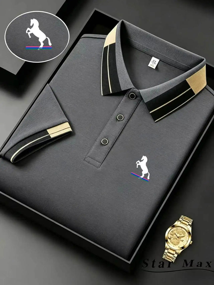 Men's Short-Sleeved Polo Shirt with Horse Embroidery, Summer Casual Wear