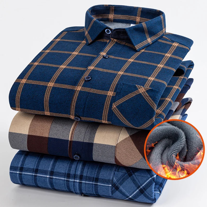 Men's Thick Fleece Long Sleeve Plaid Shirt for Autumn Winter Wear