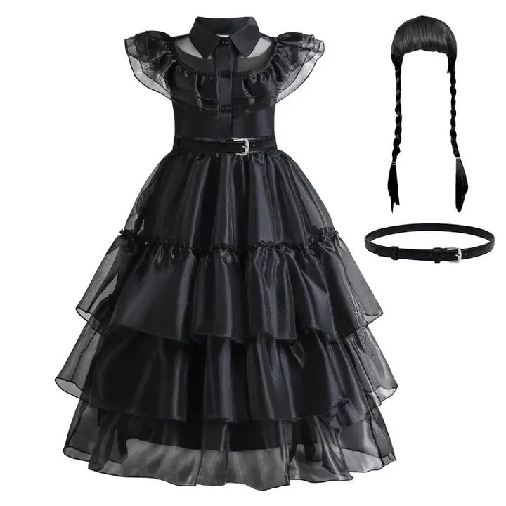 Halloween's Black Layered Cake Gown with Mesh Details for Girls