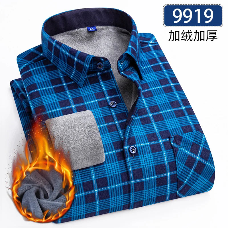 Men's Thick Fleece Long Sleeve Plaid Shirt for Autumn Winter Wear