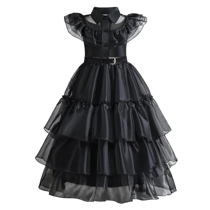 Halloween's Black Layered Cake Gown with Mesh Details for Girls