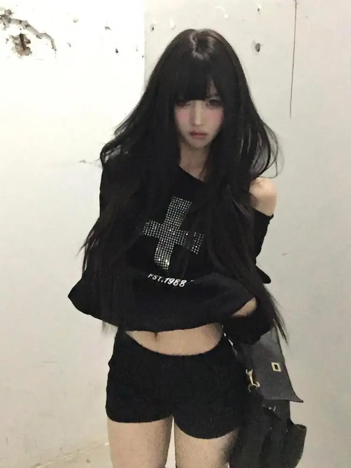 Women's Graphic One-Shoulder Long Sleeve Black Hoodie Top