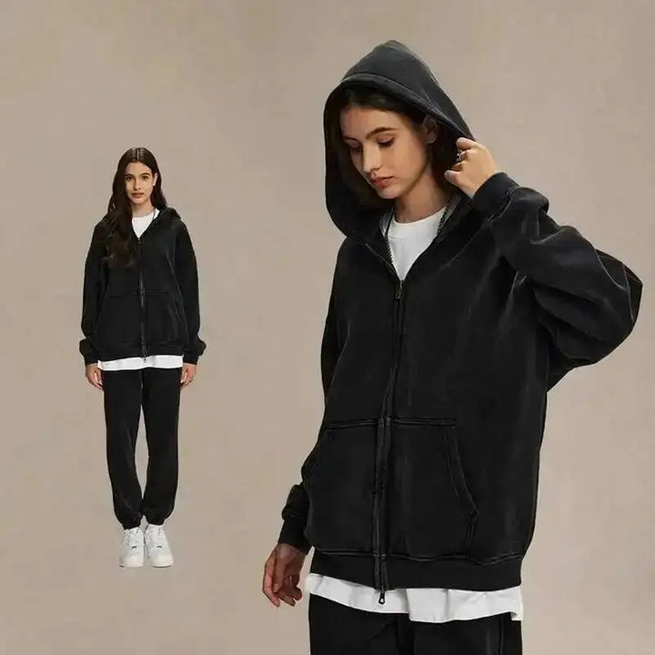 Men's Vintage Wax Print Oversized Hoodie with Zipper and Plush Lining