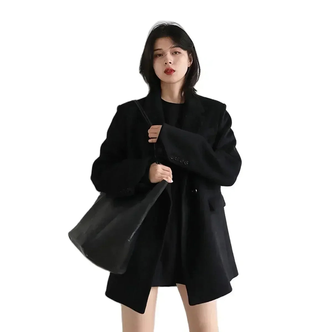 Women's Solid Wool Blend Long Blazer Coat for Fall and Winter