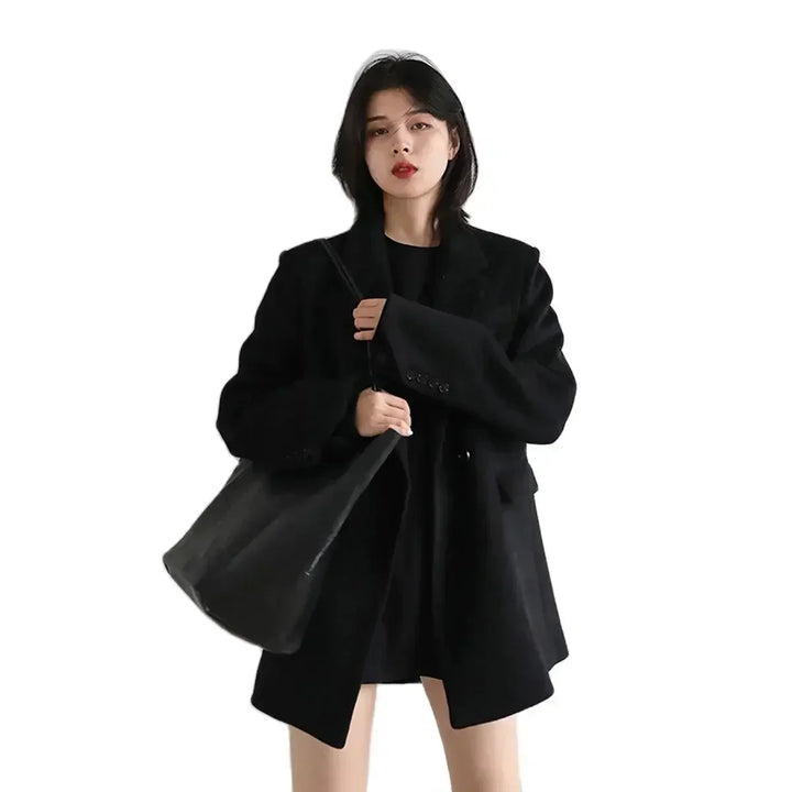 Women's Solid Wool Blend Long Blazer Coat for Fall and Winter