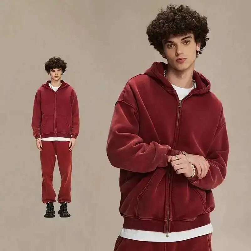 Men's Vintage Wax Print Oversized Hoodie with Zipper and Plush Lining