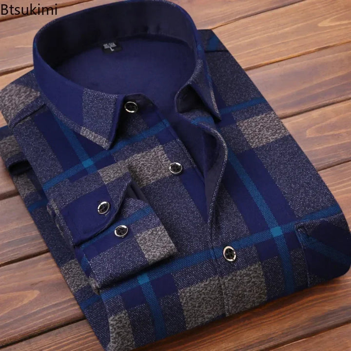 Men's Winter Warm Long Sleeve Plaid Flannel Shirt with Fur Lining