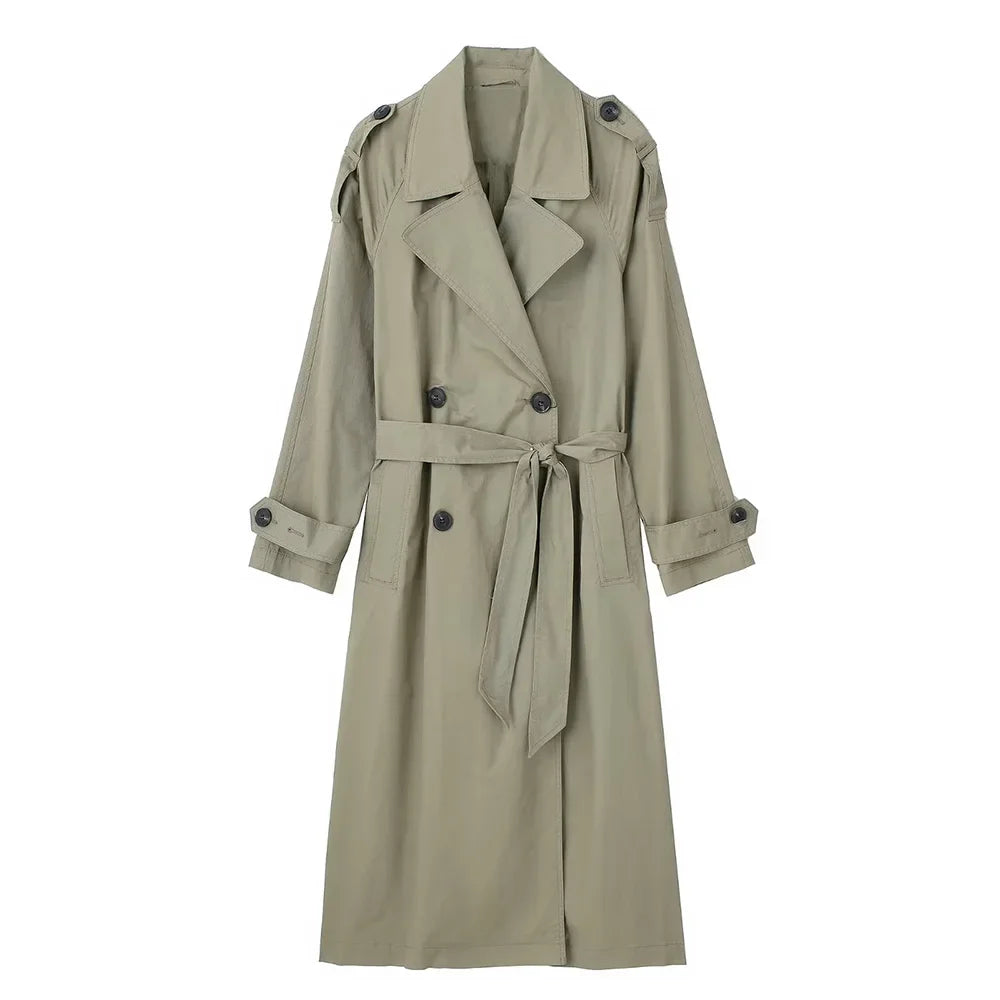 Women's Vintage Solid Double-Breasted Trench Coat with Belt