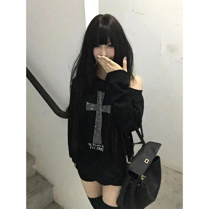 Women's Graphic One-Shoulder Long Sleeve Black Hoodie Top