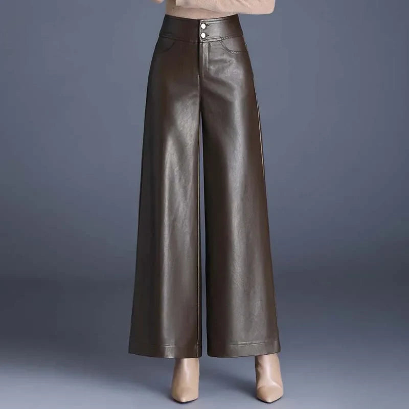 Women's High-Rise Glossy Leather Wide-Leg Pants