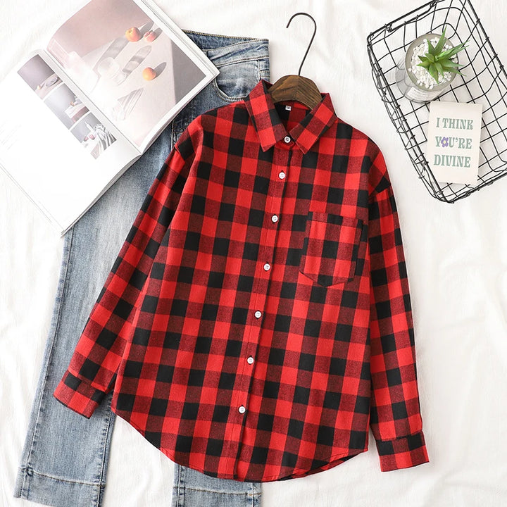 Women's Casual Cotton Long Sleeve Flannel Plaid Shirt for Women