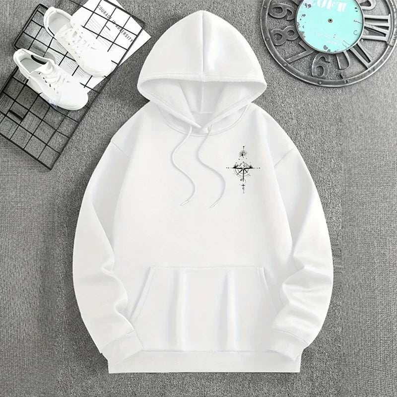 Men's Vintage Compass Print High-Quality Hooded Pullover Sweatshirt