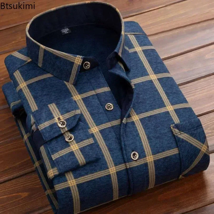 Men's Winter Warm Long Sleeve Plaid Flannel Shirt with Fur Lining