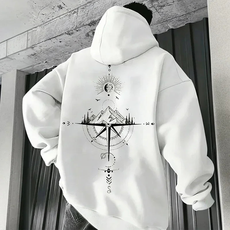 Men's Vintage Compass Print High-Quality Hooded Pullover Sweatshirt
