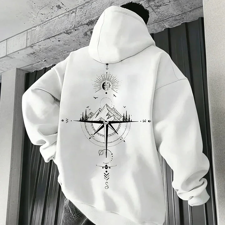 Men's Vintage Compass Print High-Quality Hooded Pullover Sweatshirt