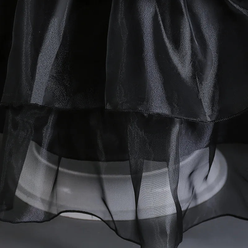 Halloween's Black Layered Cake Gown with Mesh Details for Girls