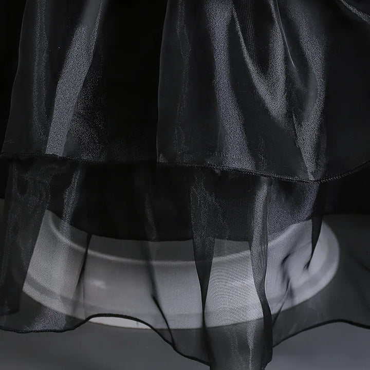 Halloween's Black Layered Cake Gown with Mesh Details for Girls