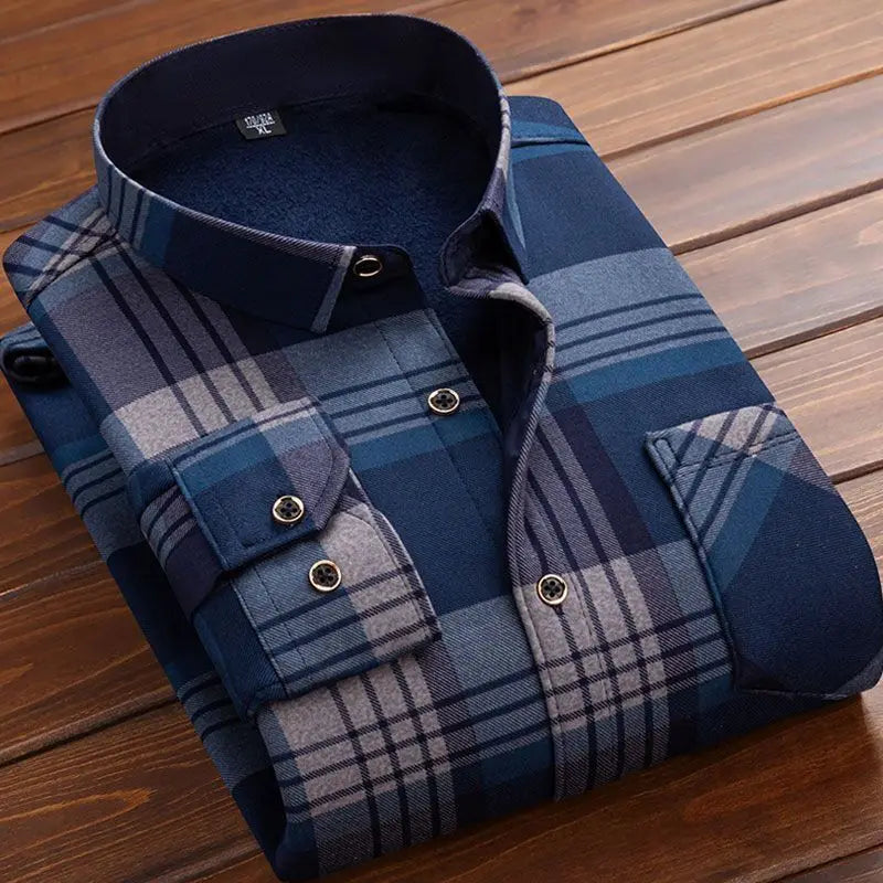 Men's Winter Warm Long Sleeve Plaid Flannel Shirt with Fur Lining