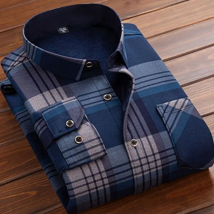 Men's Winter Warm Long Sleeve Plaid Flannel Shirt with Fur Lining