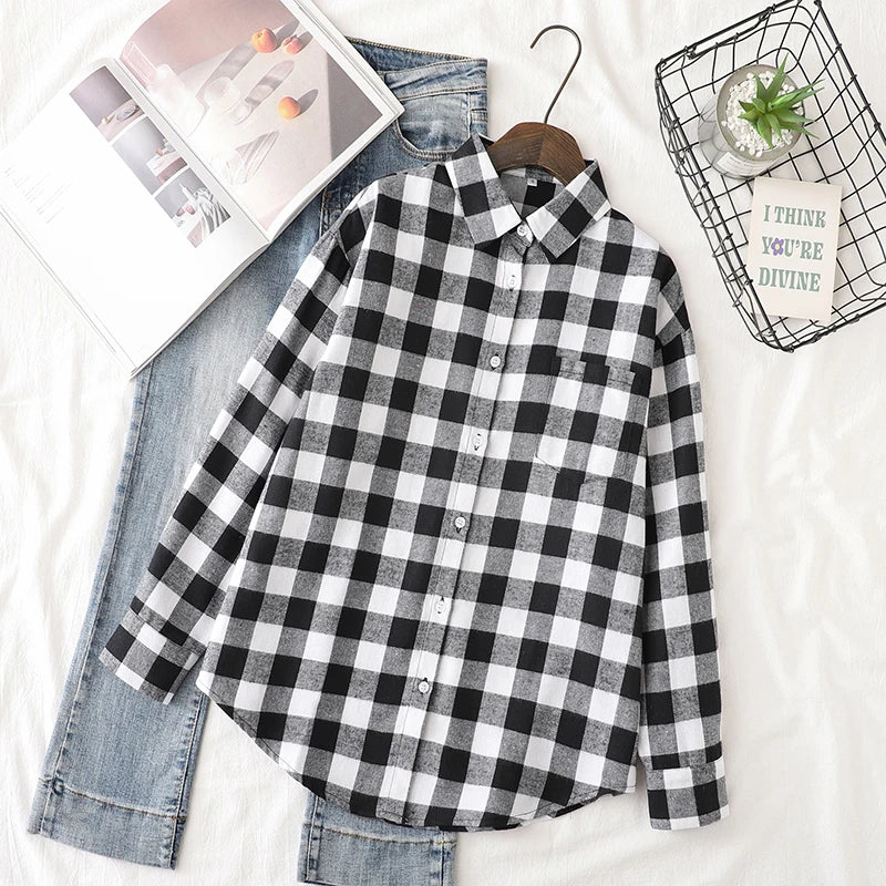 Women's Casual Cotton Long Sleeve Flannel Plaid Shirt for Women