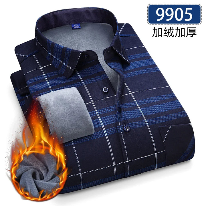 Men's Thick Fleece Long Sleeve Plaid Shirt for Autumn Winter Wear