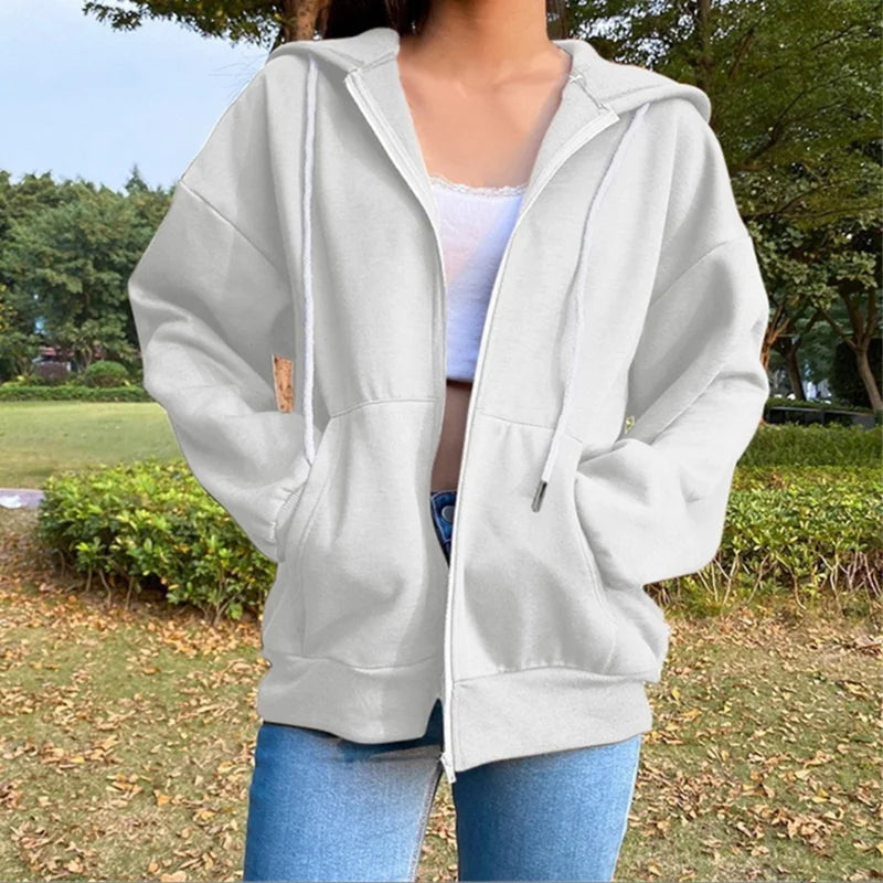 Women's Solid Color Fleece Hoodie with Pockets and Zipper