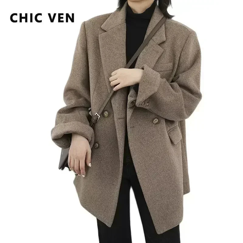 Women's Solid Wool Blend Long Blazer Coat for Fall and Winter
