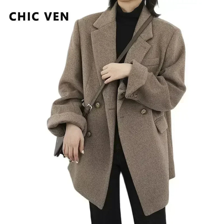 Women's Solid Wool Blend Long Blazer Coat for Fall and Winter