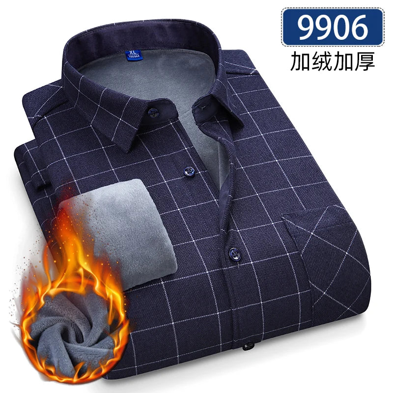 Men's Thick Fleece Long Sleeve Plaid Shirt for Autumn Winter Wear