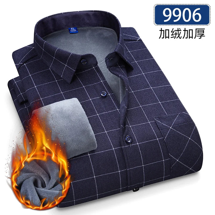 Men's Thick Fleece Long Sleeve Plaid Shirt for Autumn Winter Wear