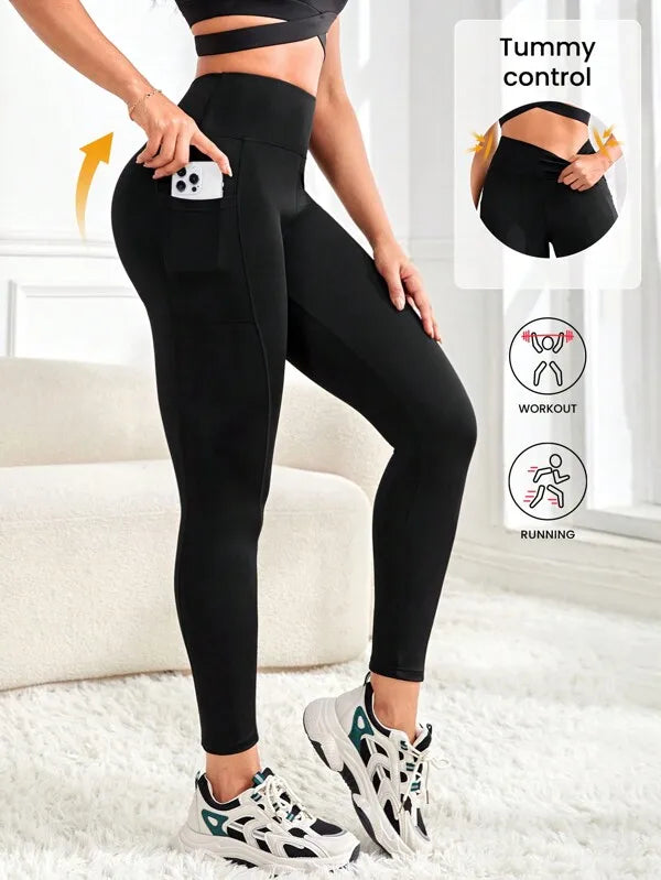 Women's High-Waisted Solid Color Yoga Leggings with Pockets