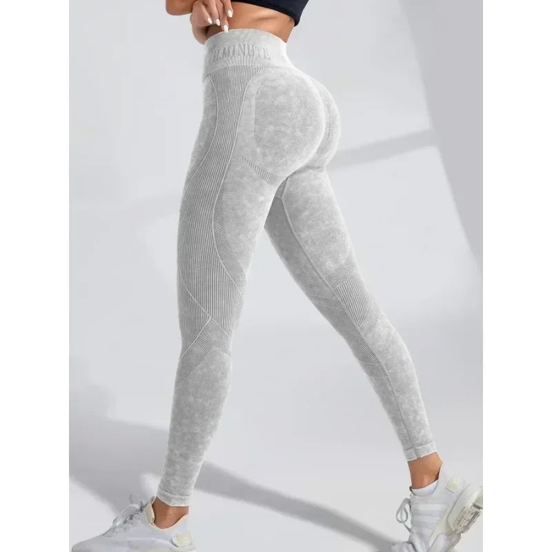Women's High-Waisted Seamless Yoga Pants with Ice Effect Lettering