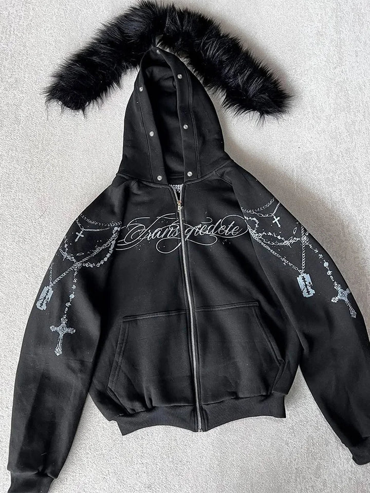 Women's Gothic Punk Faux Fur Hooded Jacket with Cross Print