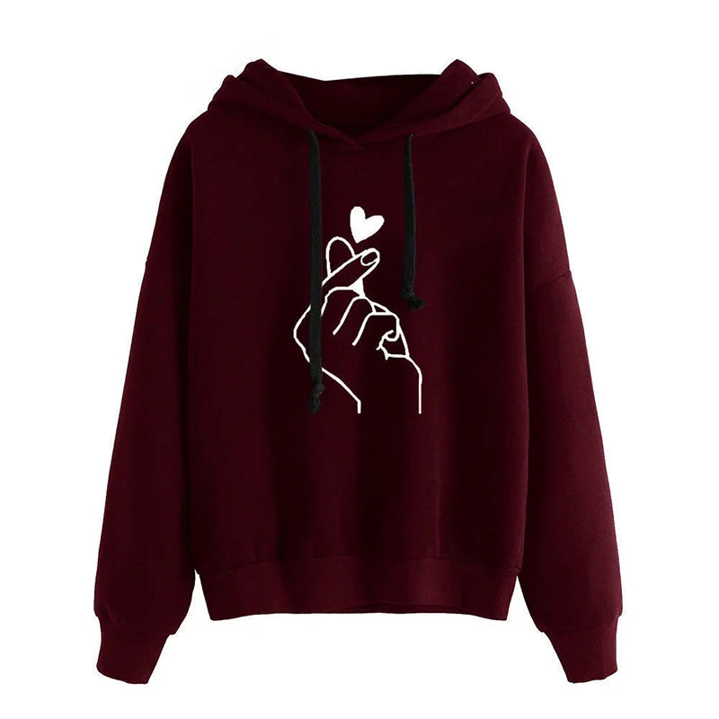 Women's Solid Color Fleece Hoodie with Finger Heart Design and Pockets