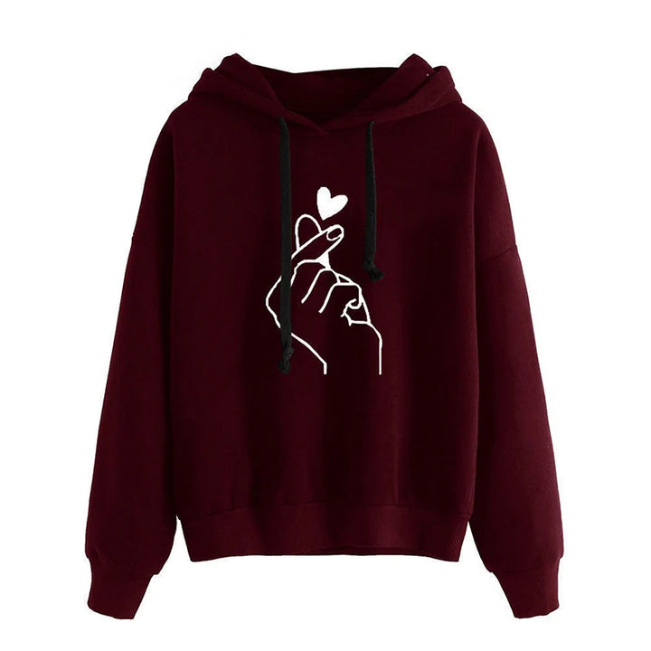Women's Solid Color Fleece Hoodie with Finger Heart Design and Pockets