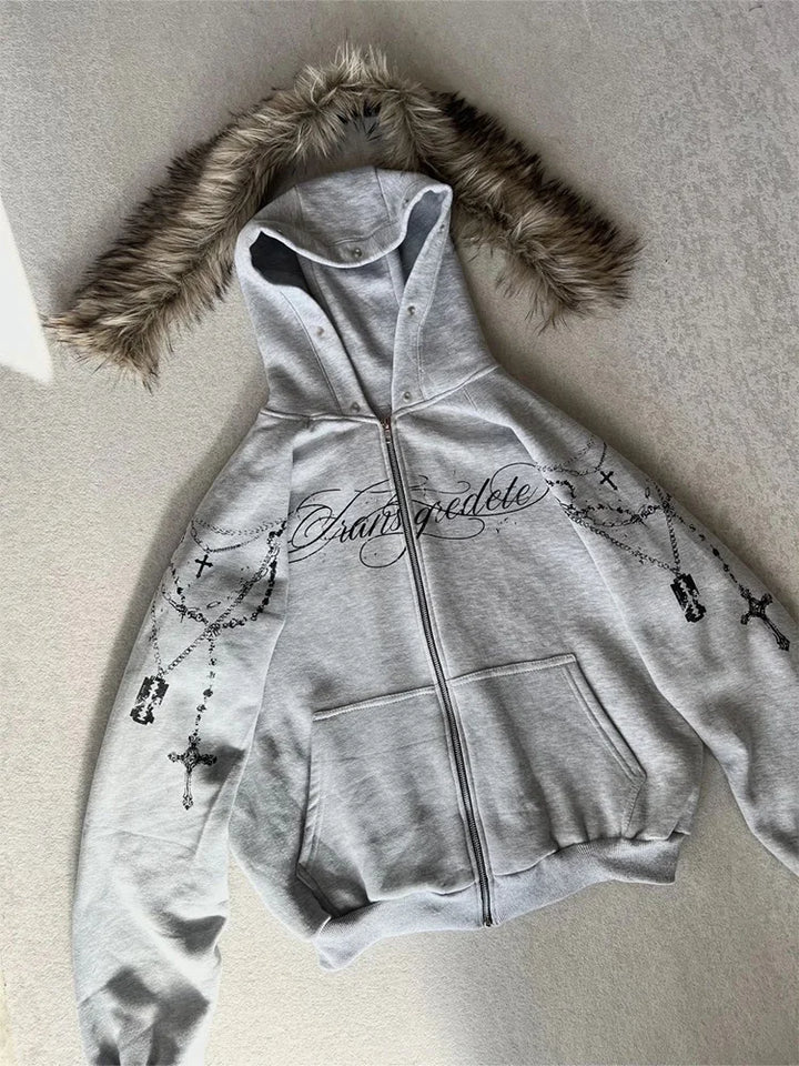 Women's Gothic Punk Faux Fur Hooded Jacket with Cross Print